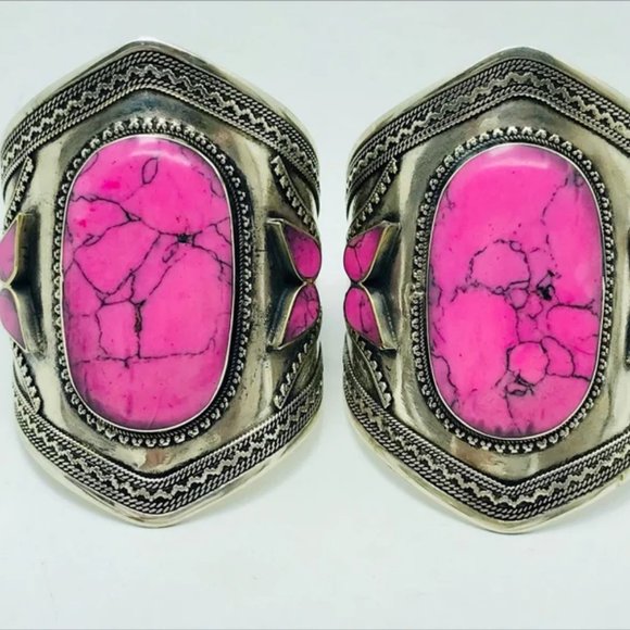 Single Vintage Afghan Cuff: Pink Stone Tribal Boho Bracelet - Picture 5 of 9